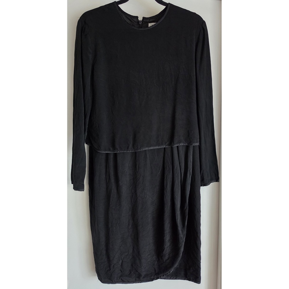Misho Silk Midi Dress Size 10 Black Long Sleeve Solid Minimalist Slip Gown